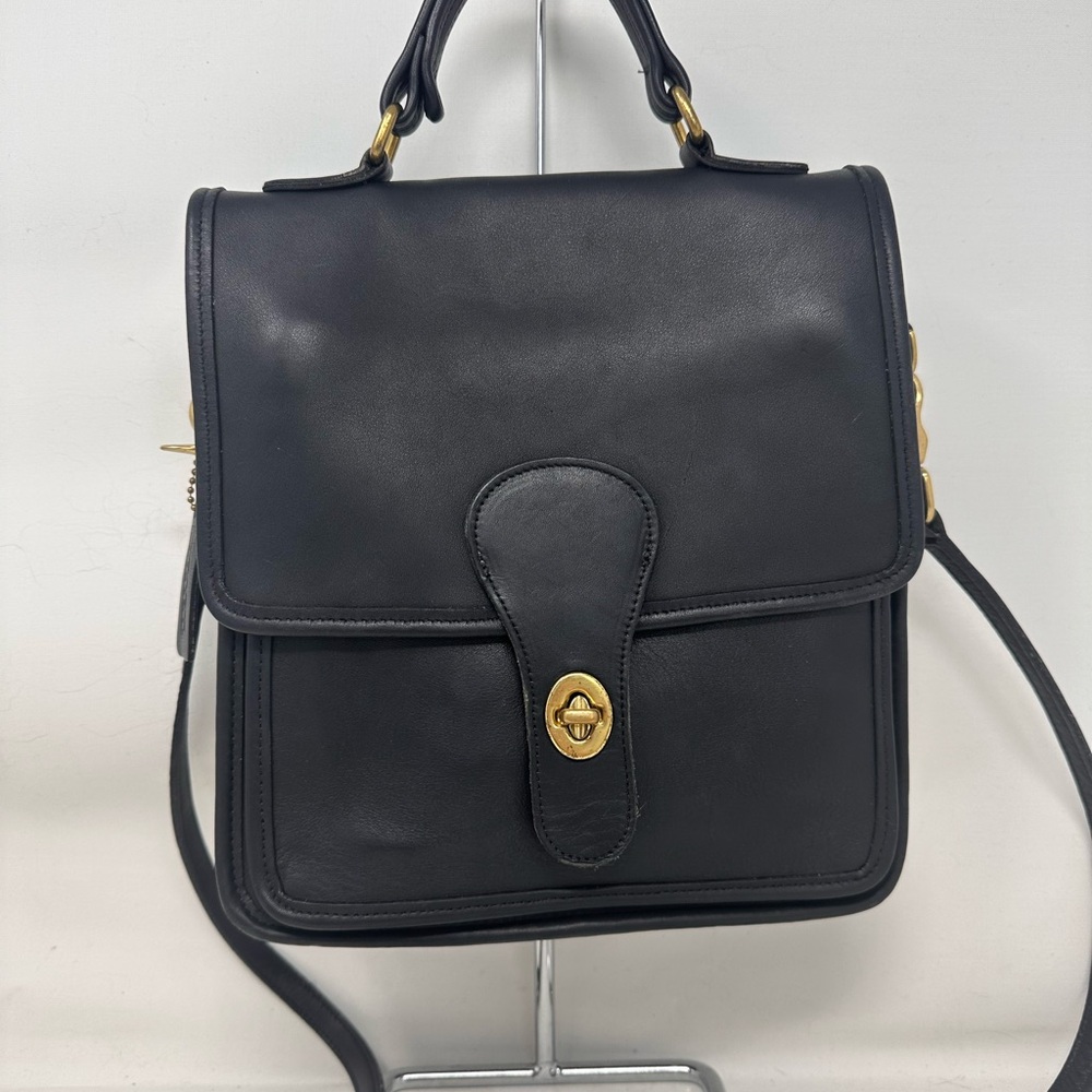 Vintage Coach Station Bag Black Leather Top-Handle Crossbody with Gold Hardware